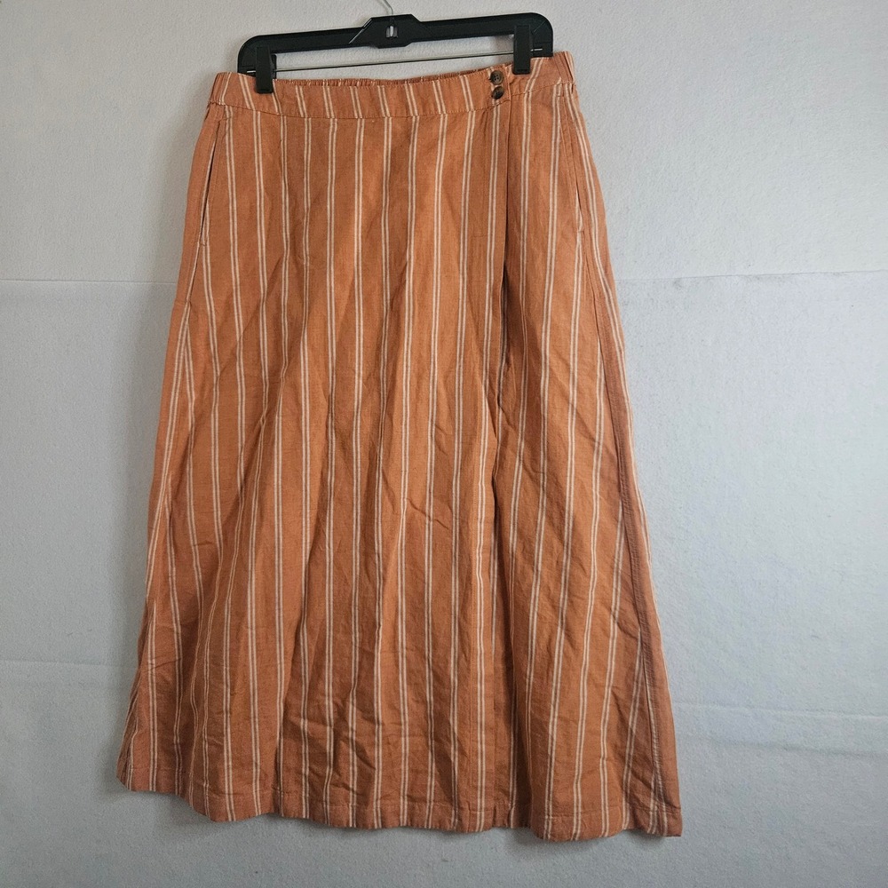 Pact Terracotta Orange White Striped Midi Skirt Large Elastic Waist Button Front